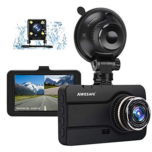 AWESAFE Cámara de Coche Dash CAM 1080P con Cámara Trasera Full HD 170 Ángulo con WDR G-Sensor, Detección de Movimiento, Grabación en Bucle, Visión Nocturna, Monitor de Aparcamiento