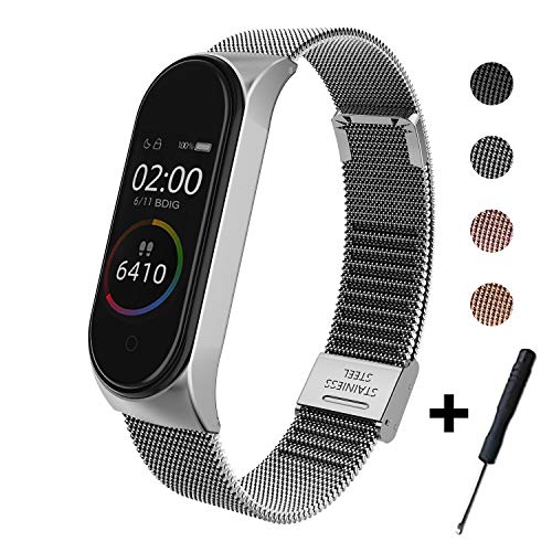 BDIG Correa Compatible Xiaomi Mi Band 4 Correas Metal, Pulsera de Acero Inoxidable Agradable para Mi Band 4 Correa (No Host)(Melan Plata)