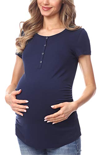 Be Mammy Camiseta Premamá Manga Corta Lactancia Ropa Verano BE20-227 (Azul Marino, M)