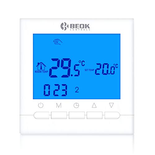 Beok BOT-313W 3A Termostato Programable Digital de Calefacción por Calderas de Gas,con Pantalla LCD Controlador de Temperatura de Luz de Fondo Azul Funciona con Pilas