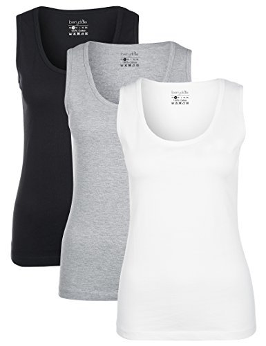 Berydale Camiseta sin mangas de mujer, pack de 3, Negro/Blanco/Gris, XL