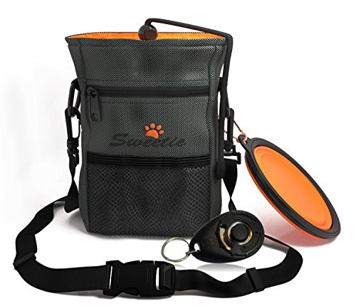 Bolsa de chucherías para el perro con estuche para bolsas de excrementos y cuenco de viaje para agua y comida, incluye clicker, bolsa de entrenamiento con dispensador de bolsitas, cinturón ajustable