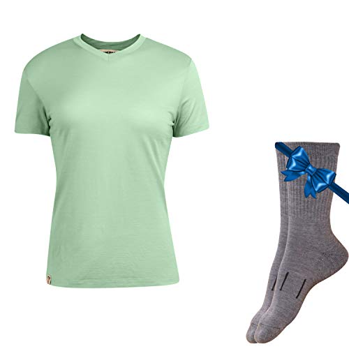 Camiseta de Lana de Merino 100% orgánica NZ para Mujer + Calcetines de Senderismo de Lana de Merino | Camiseta de Manga Corta - Verde - Medium