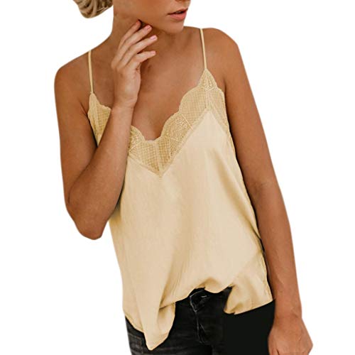 Camisetas Mujer SHOBDW Top De Satén De Seda Verano Playa Camisola Tops De Chaleco Liso con Tiras Sexy Blusa De Las Señoras Camisetas Sin Mangas Casuales Cami Tops para Mujeres(Beige,XL)