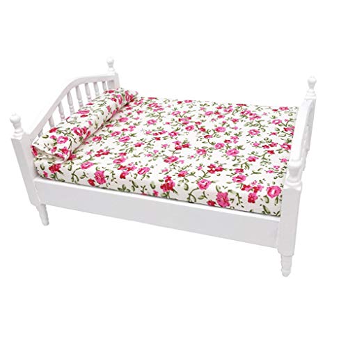 Chowceng Madera Miniatura de la casa de muñecas 1/12 Cama Doble Hoja Floral Juguete de la casa de Muebles para el hogar Niños