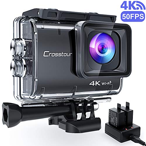 Crosstour CT9500 Nativo 4K 20MP Cámara Deportiva Wi-Fi Camara de Accion(Sumergible de 40M Camara Acuática con Ángulo de visión ajustable y EIS, 2 Baterías de 1350 mAh y Montaje de Accesorios)