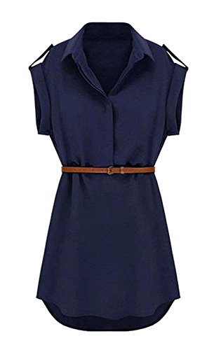 DELEY Mujeres Elegante V-Cuello De Manga Corta Túnica Tops Casual Camisa De Gasa Mini Vestido Talla M Azul Marino