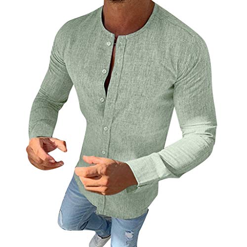 Explosión Otoño Moda Color Sólido El Botón Cuello Redondo Mezcla De Algodón Hombre Manga Larga Camisa Ocio Cárdigans Hombre Tops Camisetas A orillas del mar Al Aire Libre Hombre Ropa MEIbax