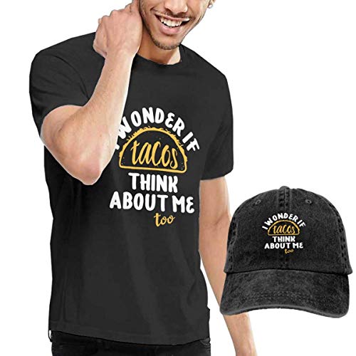 Henrnt Camiseta para Hombre, I Wonder If Tacos Think About Me Too T-Shirt Short Sleeve Denim Hat