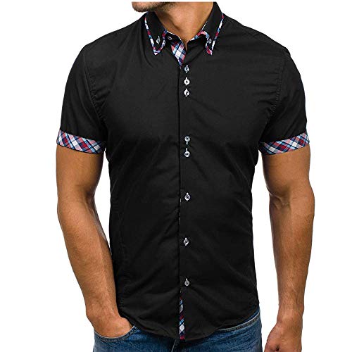 JINYAUN Slim Fit Camisa Masculina Moda Hombre Business Patchwork Botón Casual Plaid Manga Corta Top Blusa cómoda Negro 3XL