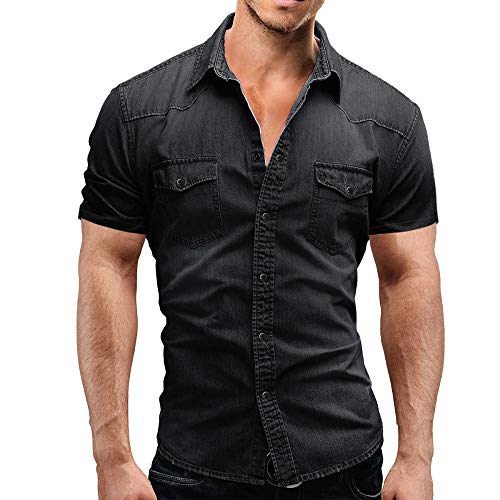 Jinyuan Camisa De Hombre De Moda Camisa De Mezclilla con BotóN Delgado para Hombre Casual Camisa De Manga Corta para Hombre con Bolsillos Gris Oscuro M