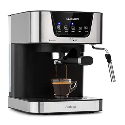 Klarstein Arabica Cafetera de espressos - 1050 W de potencia, 15 bares, Depósito de 1,5 litros, Pantalla LED digital, Rejilla lavable, Espumadera, Depósito de agua extraíble, Acero inoxidable
