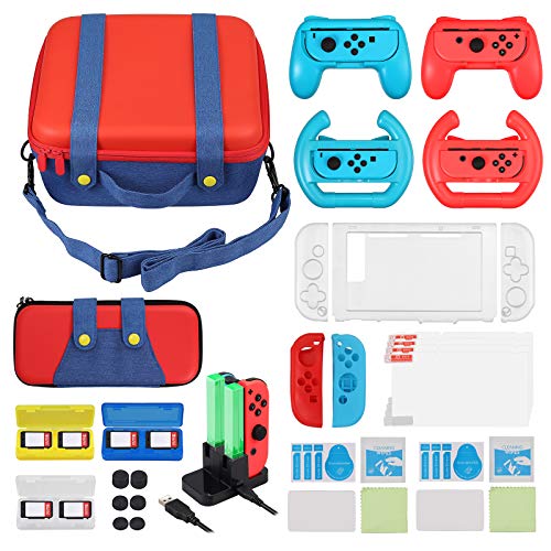 LiNKFOR 19 en 1 Kit de Accesorios para Nintendo Mario Style Bolso de Transporte Gran Capacidad Caja de Tarjetas Agarre Ruedas Base de Carga Funda Silicona Protector de Pantalla