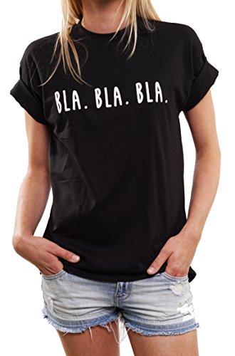 MAKAYA Oversize Top Casual Manga Corta - Estampada Bla Bla Bla - Camiseta Divertida Mensaje Mujer Negro M