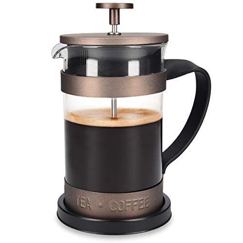 Navaris Cafetera Francesa de Acero Inoxidable de 600ML - Cafetera de émbolo para 5 Tazas, con Jarra de Vidrio y Filtro- Cafetera y Tetera marrón