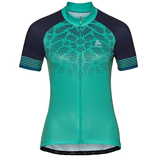 Odlo Stand-Up Collar S/S Full Zip Fujin Print Camiseta, Mujer, Pool Green/Diving Navy, S