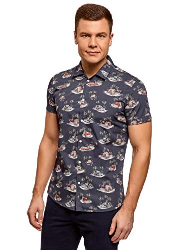 oodji Ultra Hombre Camisa Estampada de Manga Corta, Azul, сm 41 / ES 50 / M