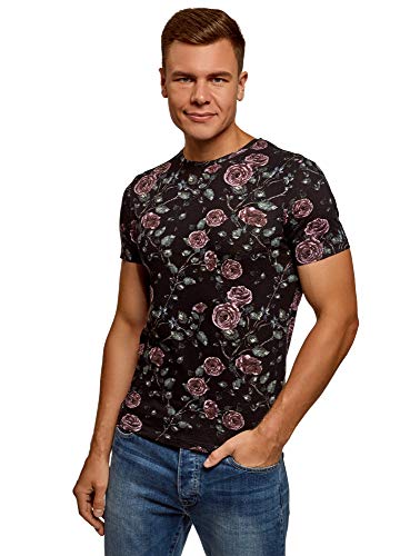 oodji Ultra Hombre Camiseta Estampada de Algodón, Negro, ES 56 / XL