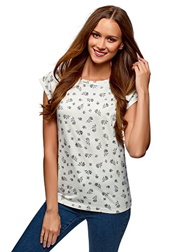 oodji Ultra Mujer Camiseta Estampada de Algodón, Blanco, ES 36 / XS