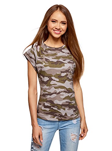 oodji Ultra Mujer Camiseta Estampada de Algodón, Verde, ES 36 / XS