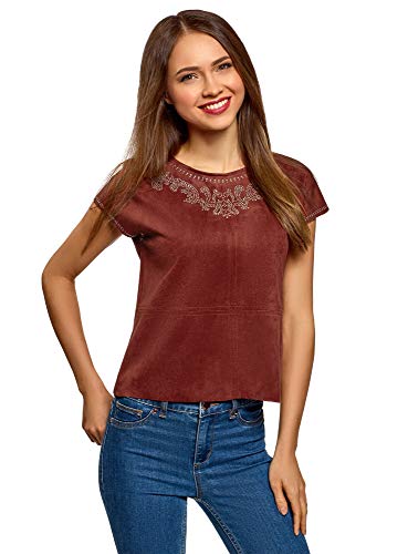 oodji Ultra Mujer Top de Ante Sintético con Decoración de Pedrería Metálica, Rojo, ES 36 / XS