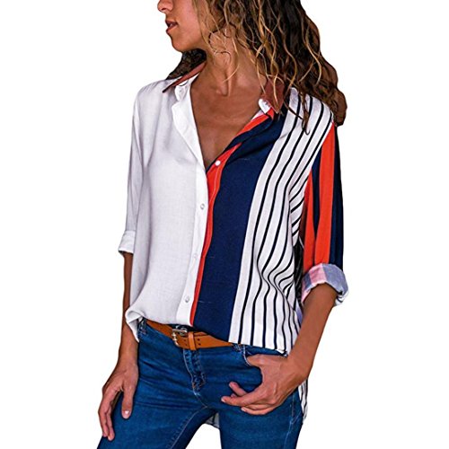 Overdose Blusa para Mujer OtoñO Primavera Nueva Mejor Venta De Moda Casual De Manga Larga Color Block Stripe Button Camisetas Tops