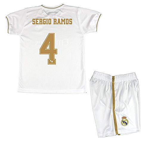 Real Madrid Conjunto Camiseta y Pantalón Primera Equipación Infantil Sergio Ramos Producto Oficial Licenciado Temporada 2019-2020 Color Blanco (Blanco, Talla10)