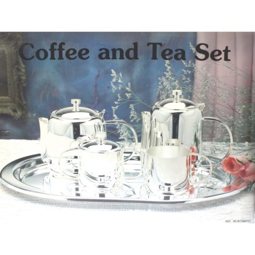 Silver Plated- Juego de café o té: cafetera + tetera + lechera + azucarero + bandeja- metal plateado