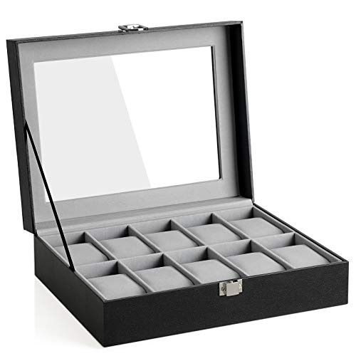 SONGMICS JWB010BK - Caja para Relojes con 10 Compartimentos (Tapa de Cristal, Funda para Relojes extraíble, Forro Interior de Terciopelo, Cierre de Metal, Poliuretano), Color Negro