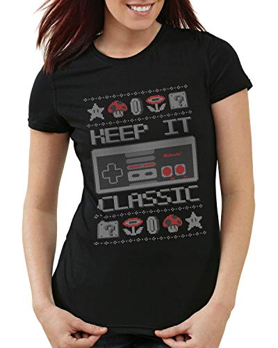 style3 Keep it Classic Suéter de Navidad Camiseta para Mujer T-Shirt NES T-Shirt Ugly Sweater x-mas SNES, Talla:XL