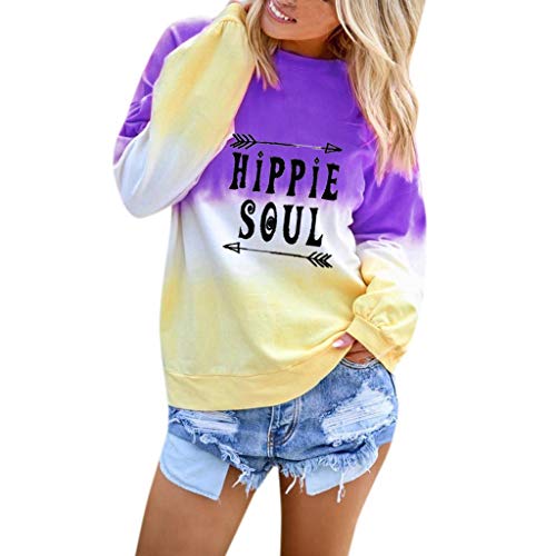 Sudadera Mujer 2019 Otoño Invierno SHOBDW Impresión De Cartas Hippie Soul Gradiente Blusa Tops Camiseta De Manga Larga Nuevas Sudaderas Sin Capucha Adolescentes Chicas Tallas Grandes(Morado,M)