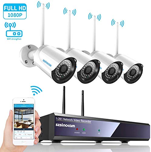 SZSINOCAM Kit de Cámaras Seguridad WiFi Vigilancia Inalámbrica Sistema 4CH 1080P on Visión Nocturna, Detección De Movimiento, Alarma por Correo Electrónico, Impermeable, 4 Videocámaras para Exteriores