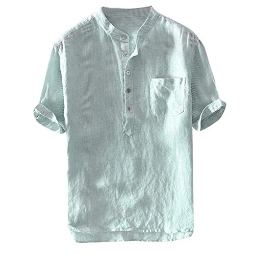 TUDUZ Camisetas Hombre Manga Corta Camisas de Algodón y Lino a Rayas Botón con Bolsillo Superior Top Ropa de Cuello V (Verde XL)