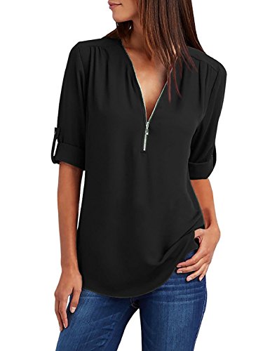 Tuopuda Blusas Camisetas de Gasa Ropa de Mujer Camisas Manga Ajustable Blusas Top (L, Negro)