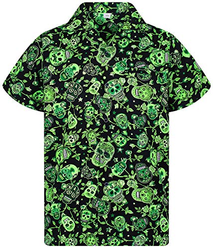 V.H.O. Funky Camisa Hawaiana, Skull, Green, M