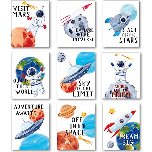 9 Piezas Cartel de Pared del Espacio Exterior Decoración de Carteles Cósmico de Dormitorio de Guardería Infantil de Impresiones de Arte, 8 x 10 Pulgada Cartel Inspirado Lindo de Planeta Astronauta
