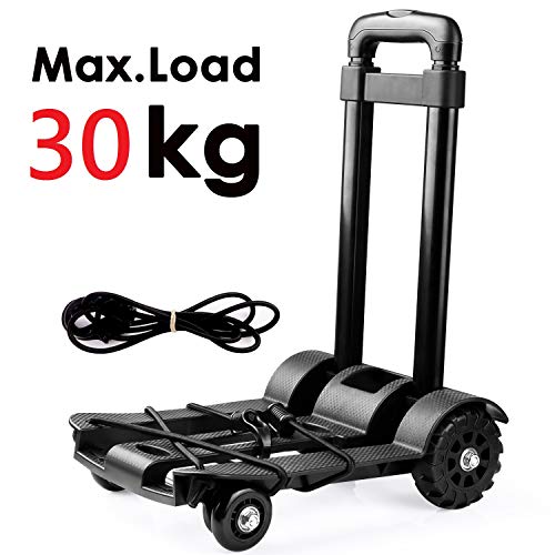 Amzdeal Carretilla Plegable Carretilla de Mano con 4 Ruedas Carga Máxima 30 kg/65lbs, Mango Extensible Carretilla de Transporte incluye Cuerda de Expansión