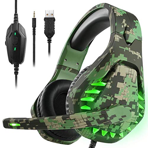 Auriculares para juegos para PS4 Xbox One PC Auriculares con micrófono Luz LED con cancelación de ruido sobre el oído Compatible con Nintendo Switch Games Laptop Mac PS3 (Camuflaje verde)