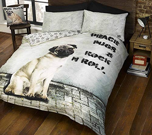 Doghouse Designs Juego de Ropa de Cama Doble con diseño de Perro Carlino; Incluye Funda de edredón y 2 Fundas de Almohada de Color Beige