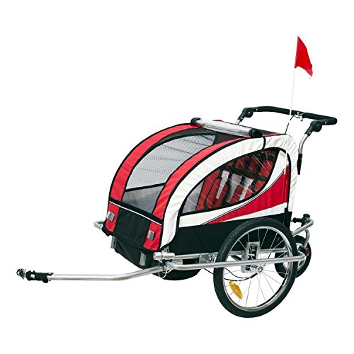 HOMCOM Remolque para Bicicleta tipo Carro con Barra de Paseo para Niños de 2 Plazas con Rueda Delantera Giratoria 360° y Asiento Acolchado Carga Máx. 40kg (Rojo)