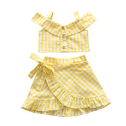 1-4 Años,SO-buts Niñas Bebé Niña Verano Moda Encantador Tartán Tops De Chaleco + Conjuntos De Falda Con Volantes De Lazo Conjunto De Ropa (Amarillo,3-4 años)