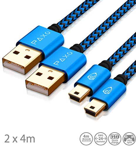 2 x 4m de Cable de Carga para el Controlador PS3, Cable USB a Mini USB Largo, Cable Trenzado (Trenzado), Chapado en Oro, Azul/Negro
