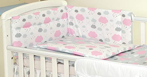 5 Piezas Conjunto Set Juego de Ropa para cuna maxicuna 140x70cm (Pink Clouds) Nubes Rosadas Protector Chichonera, Edredón, Almohada - 100% Algodón ALTA CALIDAD, hecho en UE