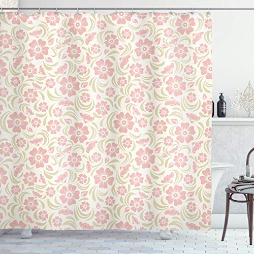 ABAKUHAUS Flor Cortina de Baño, Patrón Floral Antiguo Vintage Siluetas Arbustos de Rosa Salvaje Retro, Material Resistente al Agua Durable Estampa Digital, 175 x 200 cm, Verde Claro