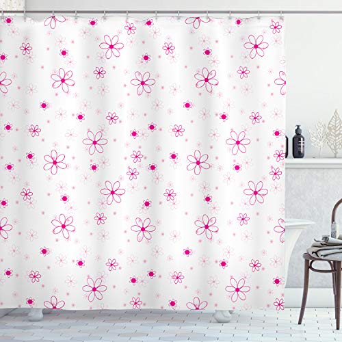 ABAKUHAUS Princesa Cortina de Baño, Modelo con Las Flores, Material Resistente al Agua Durable Estampa Digital, 175 x 200 cm, Magenta Fucsia Blanca