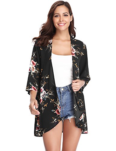 Abollria Playa Cárdigan Florales Chal de Gasa Manga 3/4 Ropa de Baño Cover Up para Mujer IR al Mar Pareo Casual Boho Style Capas Chaqueta Kimono para Vacaciones Verano y Fiesta