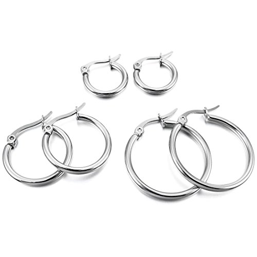 Acero Inoxidable Pendientes Conjunto - SODIAL(R)3 pares 15mm 20mm 25mm Acero Inoxidable Aro Hoop Huggie Pendientes Conjunto Mujer Plata