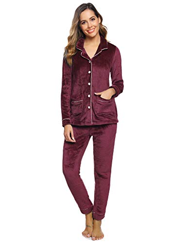 Aibrou Pijamas Mujer Invierno Polar Franela Conjunto de Pijama para Mujer Mangas Larga Pantalones Largo