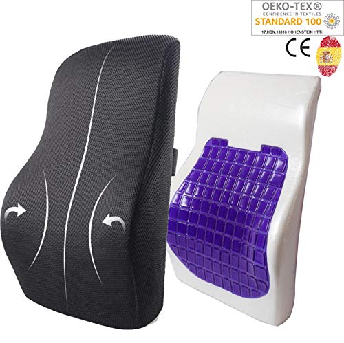 AIMO Spain Cojín Respaldo Lumbar CM-004 ortopédico ergonómico viscoelastico con Gel para prevenir Dolores lumbares y ciática, Silla, para Asiento, Coche, Oficina