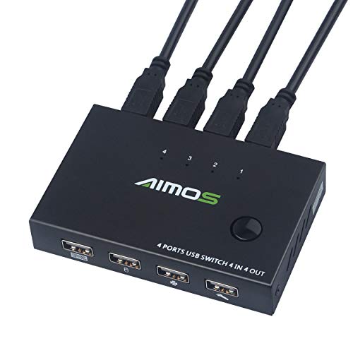 AIMOS USB 2.0 Switch 4 Entradas y 4 Salidas, KM Conmutador para Compartir Un USB Periférico Entre Dos Ordenadores, Teclado, Ratón, Memorias USB, Disco Duro, Impresoras, Escáneres, etc